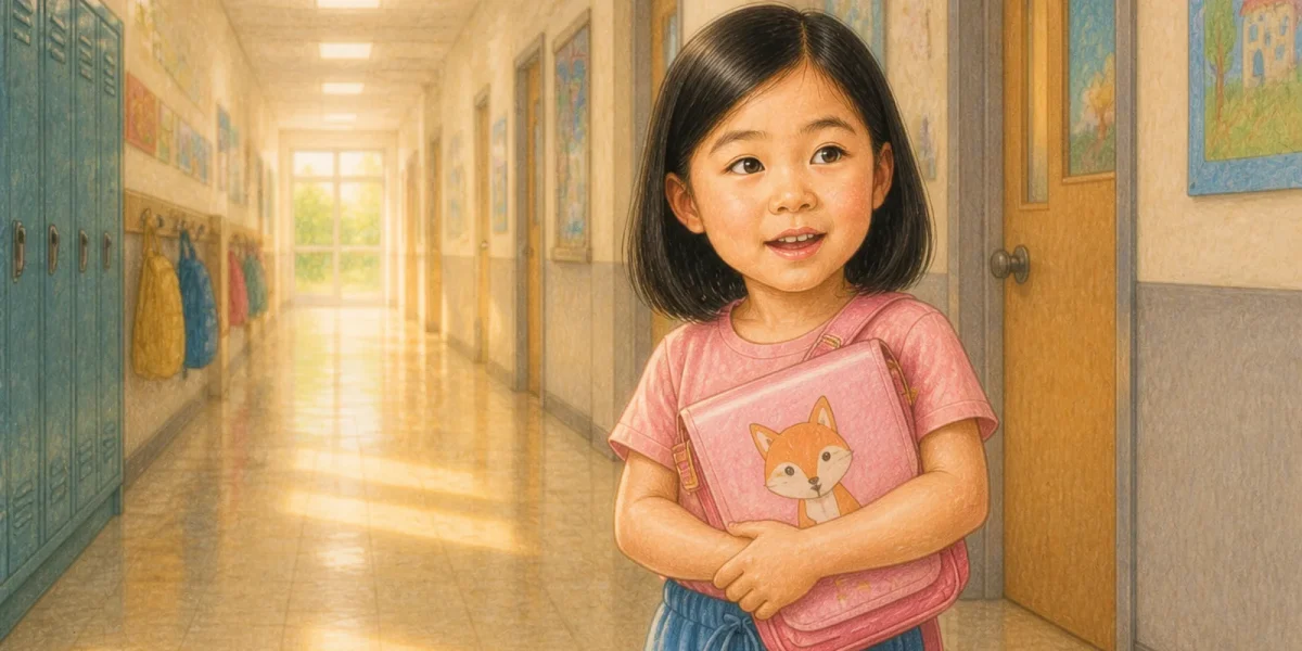 Ilustración de un libro de ejemplo · Yuna y su primer día de escuela